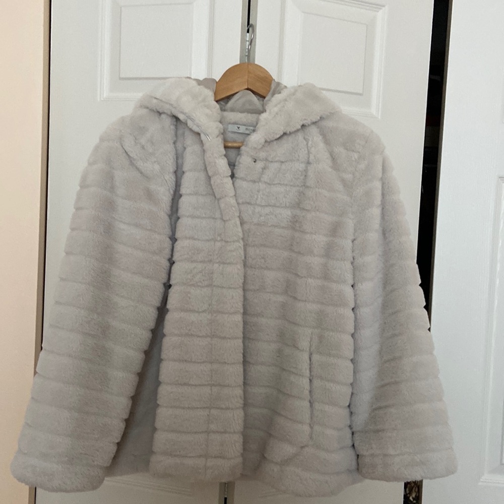 Faux fur jacket size L , white/light grey